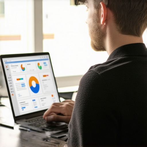 A person reviewing local SEO analytics on a laptop showing charts and community engagement metrics.