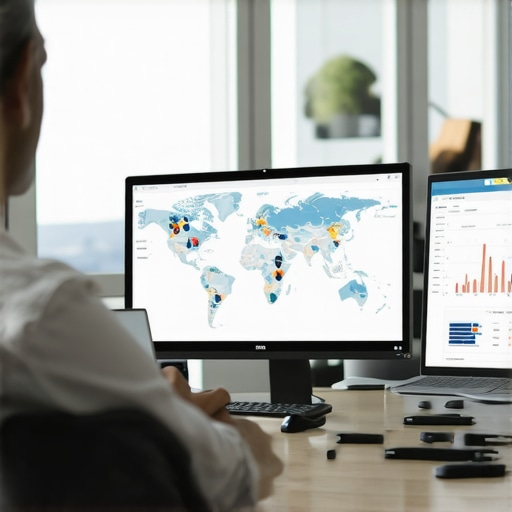 Person analyzing local SEO data on a laptop with charts and maps.