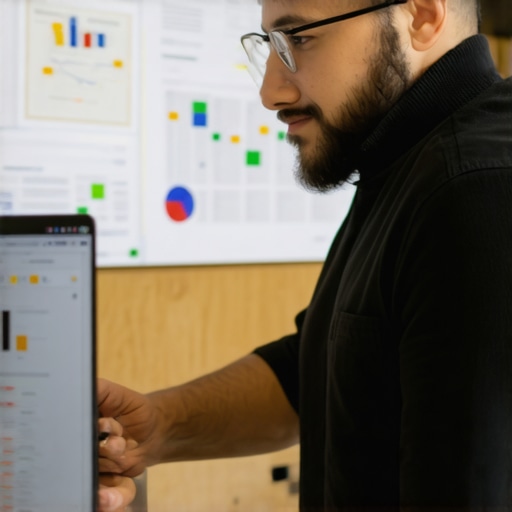 Business owner working on Google My Business profile with maps and analytics visualizations.