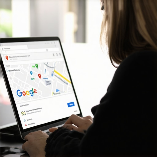 Business owner optimizing Google Business Profile on laptop with local maps