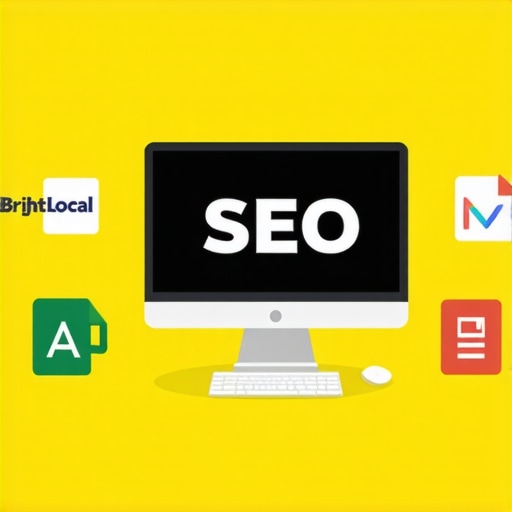 A workspace with screens showing BrightLocal, Ahrefs, and Google Sheets, illustrating local SEO management and maintenance.