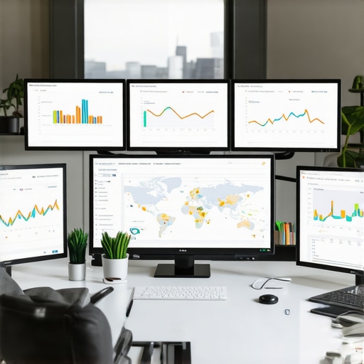 A workspace with monitors showing maps, analytics, and SEO tools for local business growth.