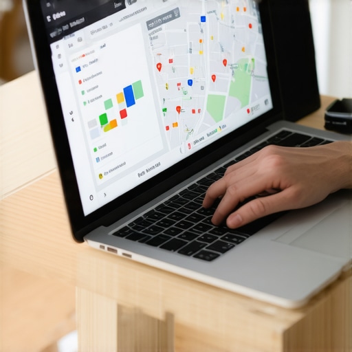 Person working on Google Business Profile optimization with maps and charts in the background.