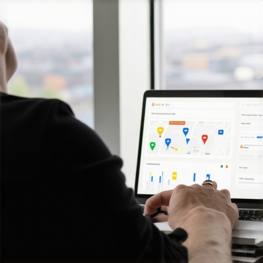 Person working on Google My Business profile with analytics tools showing local search performance.