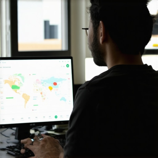 Optimizing Local Listings for Map Growth Person managing multiple Google Business Profiles on a laptop, with visual analytics and map icons