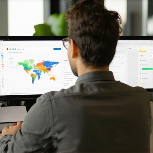 Business professional analyzing local SEO analytics and maps on a laptop