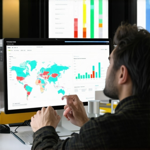 Person reviewing local SEO performance dashboards with maps and analytics charts