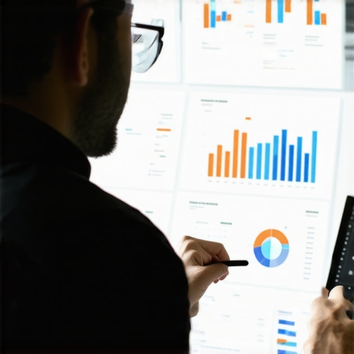 Person analyzing local SEO data on a digital dashboard with charts and graphs.