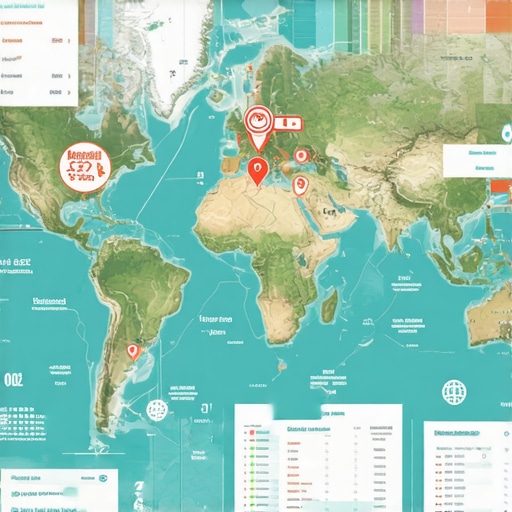 Map with multiple marked locations and analytics visuals showing local SEO growth strategies.