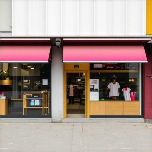 Vibrant city street with storefronts and Google Maps interface overlay showing multiple business locations