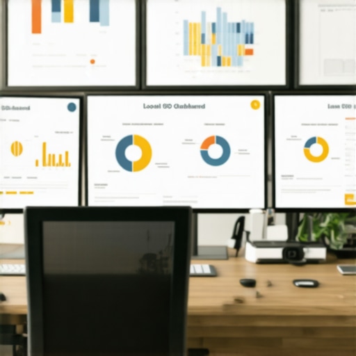 Workspace with screens showing local SEO and citation management tools.