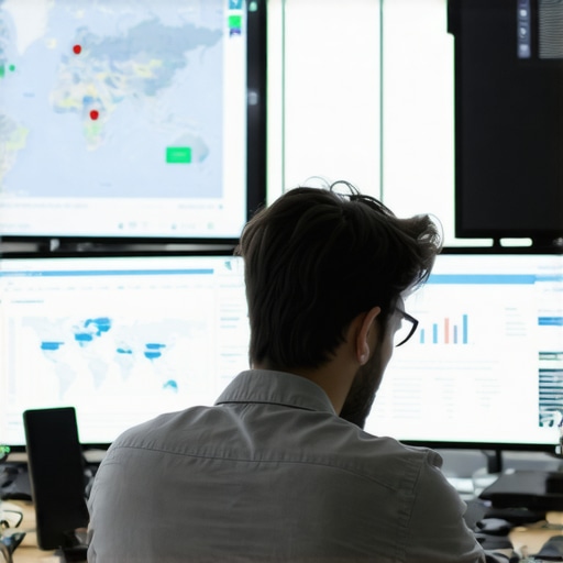 Person analyzing local map rankings and SEO analytics on multiple monitors in an office