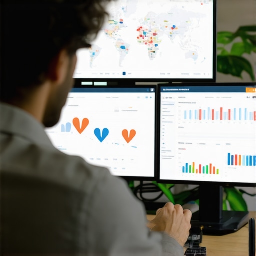 A person reviewing maps and SEO dashboards on multiple monitors in an office environment.