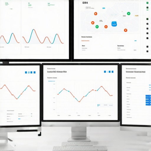 A workspace setup with screens showing maps and SEO analytics