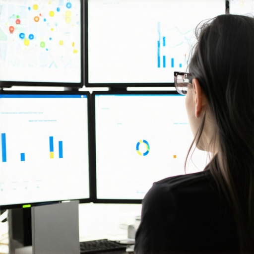 Person analyzing local SEO metrics on screens with maps and graphs