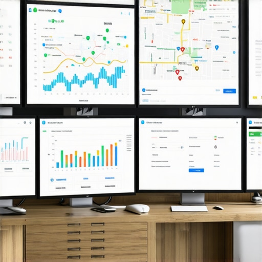 A professional workspace with multiple monitors showing local SEO dashboards and maps.